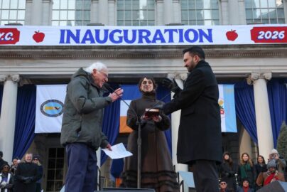 Mamdani NYC Challenges Mayor Zohran Mamdani at inauguration with NYC skyline and public safety focus