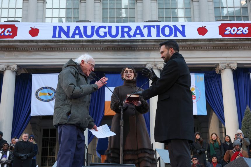 Mamdani NYC Challenges Mayor Zohran Mamdani at inauguration with NYC skyline and public safety focus